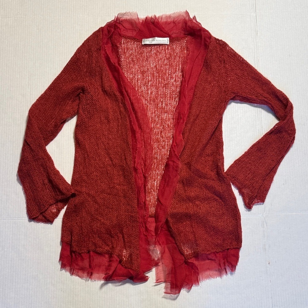 VIVIANA UCHITEL Women's Wool Knit Silk Trim Burgundy Red Open Cardigan Size 1